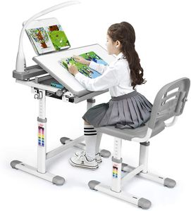 GOPLUS Kinderschreibtisch Set mit Lampe, Schreibtisch Neigungsverstellbar Höhenverstellbar, Kindermöbel mit Schublade, Kindertisch mit Stuhl