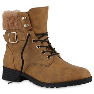VAN HILL Damen Worker Boots Stiefeletten Bequeme Outdoor Kunstfell Schuhe 840725, Farbe: Hellbraun, Größe: 39
