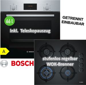 Bosch Herdset Autark Gasherd Einbau Backofen Heißluft + GAS Kochfeld auf HARTGLAS 60cm