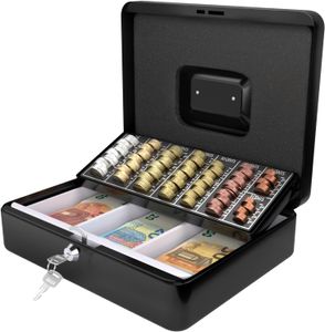 ACROPAQ Geldkassette abschließbar - Kasse mit Münzzählbrett, Groß 24 x 30 x 9 cm - Abschließbare Box, Geldkasse, Geldkoffer geeignet für Geldaufbewahrung - Schwarz - 10005K