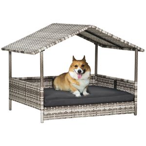 Ratanový domček pre psa PawHut s vankúšom, pelech v tvare domčeka, vonkajšia búda pre malé a stredne veľké psy, oceľový rám, sivá farba, 69 x 98 x 70 cm