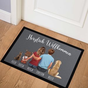 Fußmatte Familie personalisiert mit Figuren und Namen 1,2,3,4 Kinder Hund Katze rutschfest & waschbar SpecialMe® schwarz 60x40cm