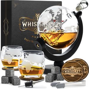 Whisiskey Whiskey Dekanter - Globus - 900ml - Whiskey Karaffe Set - Geschenke für Männer - inkl. 2 Whiskey Gläser - 8 Whiskey Steine - 2 Untersetzer - Glasstopfen und Zange