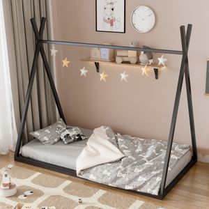 Flieks Kinderbett 90x200cm mit Lattenrost, Bodenbett Hausbett Metallbett für Kinder, Einzelbett Spielbett für Kinderzimmer, Schwarz