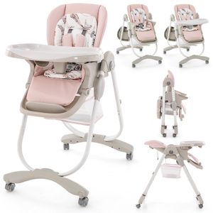 COSTWAY Detská vysoká stolička skladacia, vysoká stolička s nastaviteľnou výškou, operadlom a opierkou nôh pre deti od 6 do 36 mesiacov (ružová)