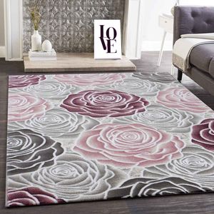 Moderner Wohnzimmer Teppich Rosen Muster in Rosa Grau Creme, Maße:160 x 230 cm