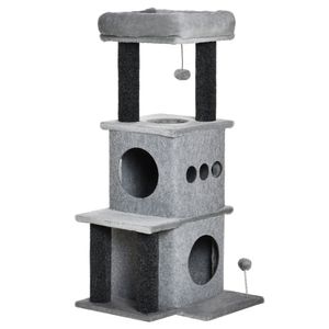 PawHut Kratzbaum, gemütliches, schickes Design, Multi-Ausrüstung, Aktivitätscenter, Zwinger, Plattformen, Bett, Ballspiel, abnehmbare, waschbare Filz-Spanplatten, kurzer Plüsch, 48 x 48 x 100 cm, Grau