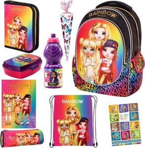 Set 9er Schulranzen Ranzen Federmappe Turnbeutel Brotdose Trinkflasche Schlamperrolle Aufgabenheft Zuckertüte Aktenmappe Rainbow High Motiv geeignet ab der ersten Klasse der Grundschule