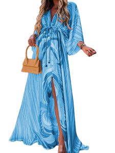 Damen Fledermaushülsen Maxikleider Sommer Schnürung Strandkleid Urlaub Mode Long Kleid Hellblau,Größe 2Xl