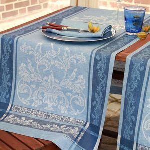 Leinen Jacquard Tischläufer 50 x 150 cm French Motiv BLUE-GOLD mit Hohlsaum