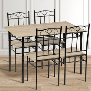 DORAFAIR Set stolu a 4 židlí, jídelní stůl a židle v dezénu bukového dřeva, černé kovové nohy