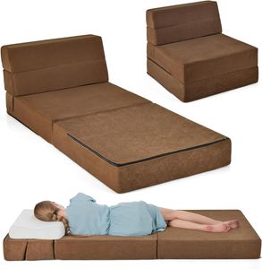 GOPLUS Bodensofa mit Schlaffunktion, 3 in 1 Klappbares Sofabett, Bodenmatratze aus Schaumstoff mit abnehmbarem Bezug, Klappsofa Schlafsessel (Braun)