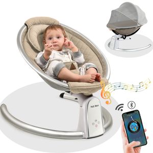 Hot Mom Babywippe elektrische Babyschaukel mit 5 Stufen schaukelfunktion, Baumwolle Babywiege mit Musik durch Bluetooth, 2022 Style (Beige)