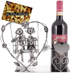Brubaker Držiak na fľaše vína Srdce s milencami na hojdačke - Romantický kovový stojan na fľaše - Darček pre páry Deco objekt s blahoželaním