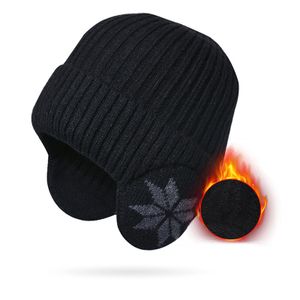 Teplá zimní čepice, zimní pletená čepice s klapkami na uši, větruodolná pro venkovní procházky, běh, rybaření, lyžování, jízdu na kole, černá）gr55-60 Cm（