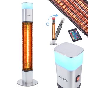 AREBOS Grzejnik stojący 1500W, z oświetleniem LED w 16 kolorach, z pilotem, węglowy promiennik podczerwieni do użytku na zewnątrz, srebrny