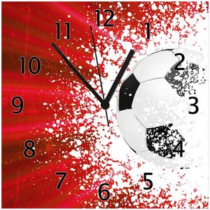 Wallario Design Wanduhr Fußball - Splashing Design in rot aus Echtglas, Größe 30 x 30 cm