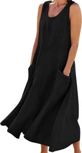 ASKSA Dámské letní bavlněné šaty s nádrží Plážové šaty volné Letní šaty s kapsami, černé, S