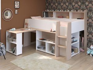 Kombibett - 90 x 200 cm - mit Schreibtisch & Stauraum - Weiß & Holzfarben + Matratze- APOLINO