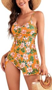 Tankini Damen stilvoll geraffte Blumen Rock-Badeanzug mit hohe Taille Rückenfrei Schlitz Spaghetti-Träger Badekleid mit U-Ausschnitt(2tlg) Tankini Damen stilvoll geraffte Blumen Rock-Badeanzug mit hohe Taille Rückenfrei Schlitz Spaghetti-Träger Badekleid mit U-Ausschnitt(2tlg)