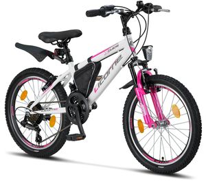 Licorne Bike Guide Premium Mountainbike in 20, 24 und 26 Zoll - Fahrrad für Mädchen, Jungen, Herren und Damen - Shimano 21 Gang-Schaltung, Kinderfahrrad, Kinder, Farbe:Weiß/Rosa, Zoll:20
