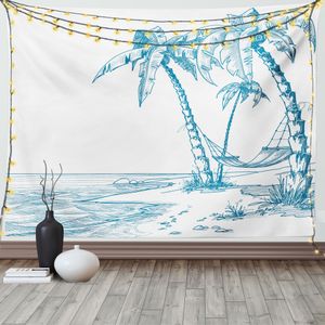 ABAKUHAUS Tropisch Wandteppich, Palmen am Strand, Wohnzimmer Schlafzimmer Heim Seidiges Satin Wandteppich, 200 x 150 cm, Weiß Blau