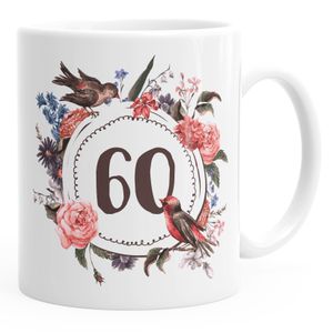 Geburtstags-Tasse 60 sechzig Geschenk-Tasse Kaffee-Tasse Blumen Blüten Blumenkranz MoonWorks® weiß unisize