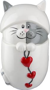 Gilde Spardose Katze "Amor" weiß/grau mit Herzen und Gummistopfen H: 18 cm B: 10 cm T: 11 cm Ø 13 cm 32094