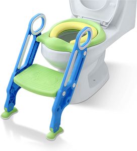 TRMLBE Toilettensitz Kinder mit Treppe Faltbar Töpfchentrainer Höhenverstellbar WC Trainer mit PU Gepolstert Kissen und Griffen Töpfchen für Kinder von 1-7 Jahren Kleinkinder - Blau und Grün