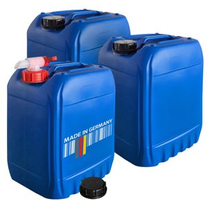plasteo® 3X 20 Liter Getränke- Wasserkanister mit 1 Hahn und 3 Schraubdeckel (DIN 61)