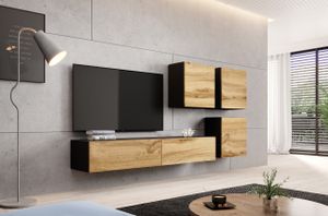 Furniture24 Wohnwand VIGO 23, Desing Mediawand, Modernes Anbauwand mit 3 Türen und 2 Klaptüren, Hängeschrank Tv Lowboard Schwarz/Wotan Eiche