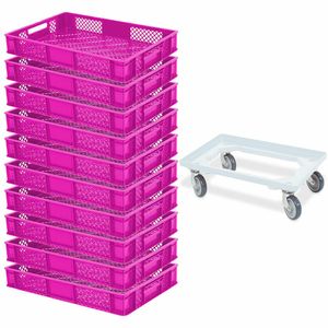 10x Bäckerkiste/Euroboxen, LxBxH 600x400x90 mm, pink + Transportroller