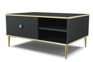 Konferenčný stolík PETRA 90x60 cm BLACK MATT so zlatými kovovými nohami Konferenčný stolík Stolík do obývačky, moderný štýl, so skrytým úložným priestorom, so zásuvkou, policami