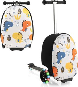 2 in 1 Kinderkoffer & Scooter Kinder ab 5 Jahre, Kindertrolley mit Blinkenden LED-Rädern, Kindergepäck 19 Zoll für Reisen (Dinosaurier)