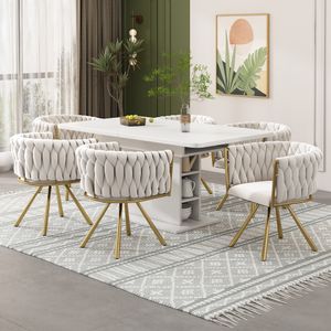 Flieks Esszimmerstuhl 6er Polsterstuhl 360°drehbar, Küchenstuhl Schminkstuhl mit Samtbezug, Wohnzimmerstuhl mit Armlehnen und Stahlbeinen, Gold Beige