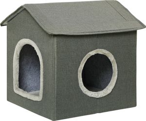 PawHut Katzenhöhle, Katzenhaus, Katzenhütte mit Zwei Türen, Katzenkorb mit Kissen, Katzenbett für Katzen bis 5 kg, Polyester, Grau, 39 x 43,5 x 40,5 cm