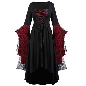 Hexenkleid Damen Halloween Kostüm Maxi Kleider Gothic Abendkleider für Karneval Party Weinrot,Größe:EU L