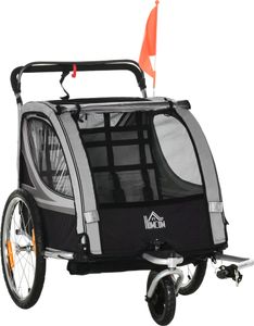 HOMCOM 2 v 1 detský príves skladací príves na bicykel s odnímateľným predným kolesom, brzdy na zadnom kolese, detský príves na bicykel pre 2 deti od 18 mesiacov, nosnosť do 26,4 kg, sivý
