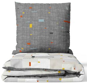 Bettwäsche Baumwolle 155 x 220cm Grau Bunt Gestreift Vierecke Wendeseite Renforce 2tlg