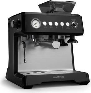 Klarstein GrandPresso kávovar s portafiltrom a mlynčekom - 20 barov, 1 350 W, integrovaný presný mlynček, parná tryska, 2,3-litrová nádrž na vodu, čierny, ohrievač šálok
