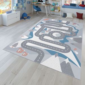 Kinder-Teppich, Spiel-Teppich Für Kinderzimmer Straßen-Motiv Mit Tieren Creme Größe 80x150 cm