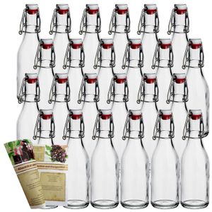 gouveo 24er Set Glasflaschen 250 ml rund mit Bügelverschluss rot - Kleine Bügelflasche zum Befüllen - Bügelverschlussflasche, Likörflasche, Schnapsflasche, Saftflasche