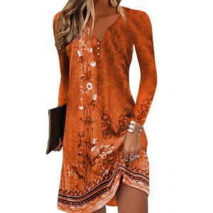 Damen Langarm Blusenkleider V-Ausschnitt Blumendruck Kurzkleid Casual Vintage Kleider  Orange,Größe:M