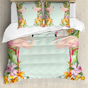 ABAKUHAUS Flamingo Bettwäsche Set für Doppelbetten, Tropische Blumen Tiere, Weicher Microfaserstoff Allegigeignet kein Verblassen, Babyblau Mehrfarbig