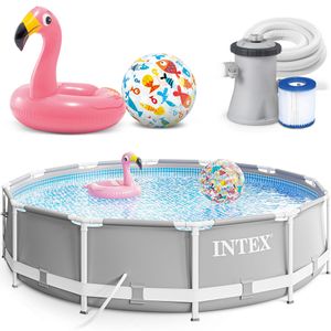 INTEX 305x76 cm Prism Metal Frame Swimming Pool Schwimmbecken 26702 Komplett-Set mit Extra-Zubehör wie: Strandball und Schwimmring