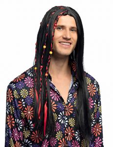 Hippie-Perücke 60er-Jahre-Langhaarfrisur mit Haarschmuck schwarz-bunt