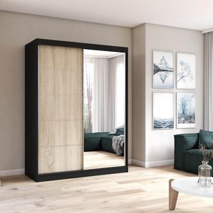 Kleiderschrank Schiebetürenschrank Schrank 150 cm Schwarz/Sonoma mit Spiegel Vista 05 Kleiderschrank Schiebetürenschrank Schrank 150 cm Schwarz/Sonoma mit Spiegel Vista 05