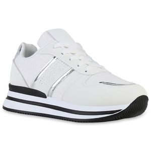 VAN HILL Damen Plateau Sneaker Strass Schnürer Metallic Glitzer Schuhe 840172, Farbe: Weiß Silber Metallic, Größe: 39
