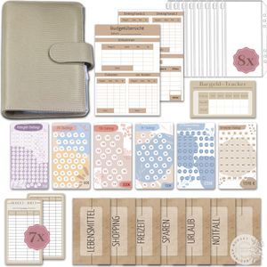 BeginnerBudget® Budget Planner Deutsch A6 Gecko-Style (Grau) - Starterset Sparchallenge Budgetplaner, Sparen mit Umschlagmethode Ringbuch + Anleitung