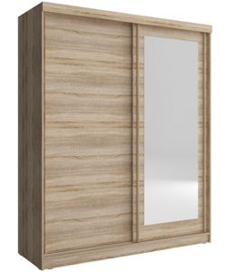 Furniture24 Schwebetürenschrank ALASKA 200, Kleiderschrank, Schrank, Schiebetür, Schlafzimmerschrank mit Kleiderstange, Einlegeboden und Spiegel Sonoma Eiche, 200 cm breit